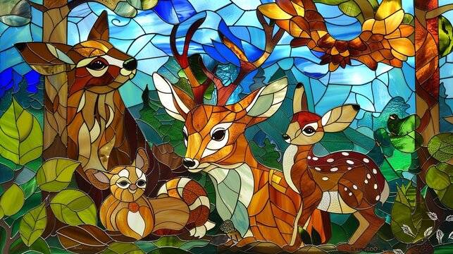 group of deer-stained glass