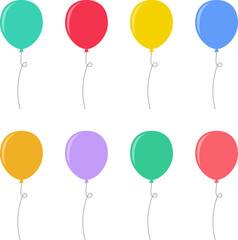 Balloon in cartoon style. Bunch of balloons for birthday or party. Flying balloon with rope. Flat icon vector illustration isolated on white background.