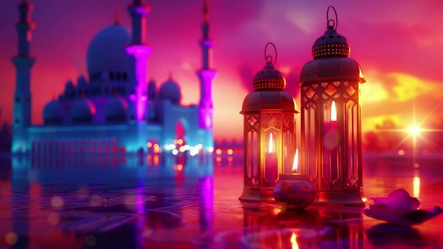Ramadan lanterns and candle  at sunset with mosque and neon color background light. Looping video