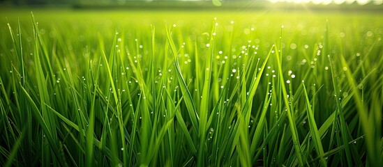 The healthy green paddy field is covered in water droplets, adding a refreshing touch to the landscape. The droplets sparkle in the sunlight, creating a soothing and rejuvenating scene.