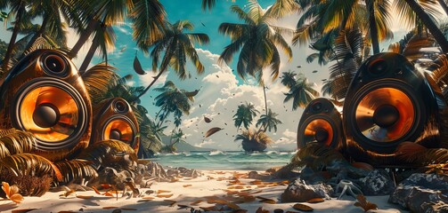 music elements, palm tree, white sand, octane, cinema 4d, beach, speakers, laser, lights, smooth plane background, tropical leaves, caribbean beach - obrazy, fototapety, plakaty