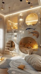 A cozy bedroom kids with serene underwater sanctuary theme; incorporate elements like whimsical porthole windows revealing enchanting sea creatures, floating bubble lights.