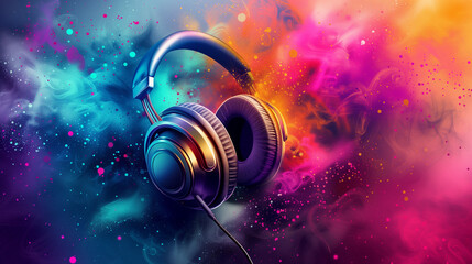 World music day banner with headset headphones on abstract colorful dust background. Music day event and musical instruments colorful design. - obrazy, fototapety, plakaty