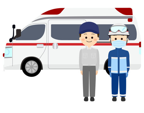 救急車と笑顔の救急救命士たち