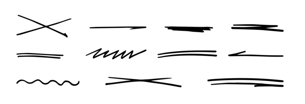 Set of handmade lines, brush underlines lines, underscores. A hand-drawn collection of various shapes in the doodle style. Artistic lines of the inscription. Vector illustration  Isolated on white. 