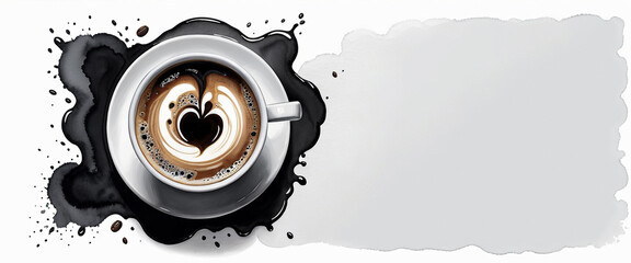 A cup of coffee in a white coffee cup. Traces of black ink bleeding. Isolated on white background. Illustration in watercolor style.