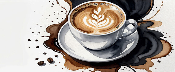 A cup of coffee with latte art made from white milk foam. Coffee and beans. Isolated on a white background. Abstract watercolor painting. - obrazy, fototapety, plakaty