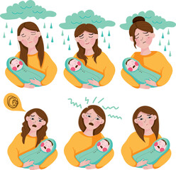 Obraz na płótnie Canvas Postpartum depression illustration of sad tired woman near newborn baby crying