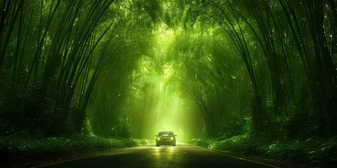 Selbstklebende Fototapeten A Vehicle Illuminates a Path Through an Enchanting Bamboo Forest, Invoking a Sense of Adventure, Generative AI © Ben