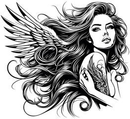 Drawing of a Beautiful Woman as an Angel with Long Flowing Hair - Black and White Illustration or Tattoo Isolated on White Background, Vector