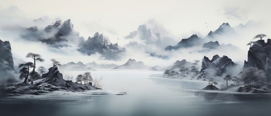 Serene Chinese Ink and Water Landscape: Captured with Canon RF 50mm f/1.2L USM Lens