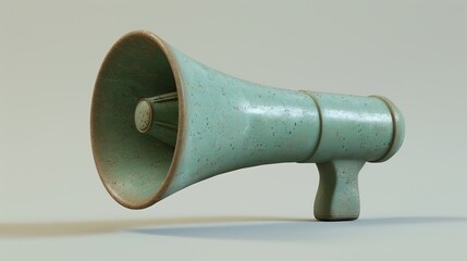 A monochrome prop megaphone set against a bright background is called a megaphone prop. View of the megaphone from the side. Large megaphone horn. 