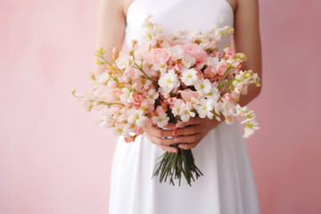 woman with flowers, bride holding bouquet of flowers, bouquet of flowers, wedding bouquet in the foreground, the bride is holding the bouquet in the background