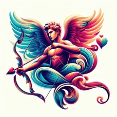 Fototapeta premium Fantasy illustration of cupid holding bow and aiming or shooting arrow. God of love, Amor, Eros or mythological character with wings. Digital illustration, generative ai