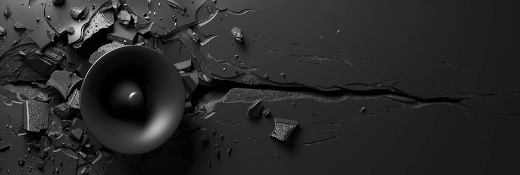 A loudspeaker's sound causes a black wall to break. 3d illustration