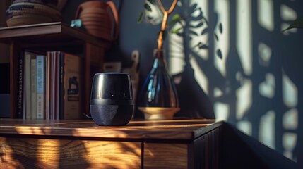 A black, small, wireless, portable Bluetooth speaker for playing music on a wooden table - obrazy, fototapety, plakaty