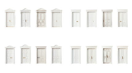 Collection of various white door on transparent background