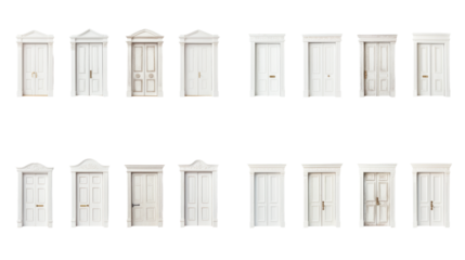Collection of various white door on transparent background