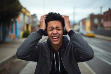 
A Hispanic teenager gritting their teeth while covering their ears to escape the pervasive noise pollution of the city environment - obrazy, fototapety, plakaty