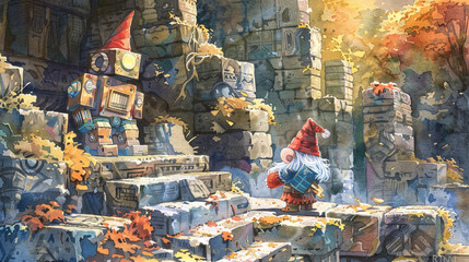A dreamy watercolor painting of a gnome and robot discovering ancient ruins together