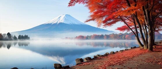 Vibrant Autumn Scene: Misty Morning at Lake Kawaguchiko with Fuji, Canon RF 50mm f/1.2L USM Capture