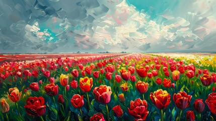Colorful tulip field with red, yellow, and pink flowers under a cloudy sky. Impressionist oil painting style. Spring season and nature landscape concept for wall art and print.