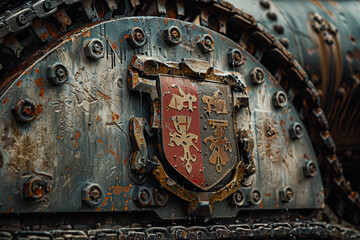 A tank featuring a shield emblazoned with a knights coat of arms - obrazy, fototapety, plakaty