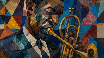 Abstract cubist style portrait of a person with a trumpet. Geometric shapes in multi-colored mosaic pattern. Jazz music and cubism art concept for poster and wall art design.