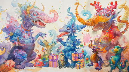 A vibrant watercolor festival scene, where whimsical creatures share presents amidst laughter