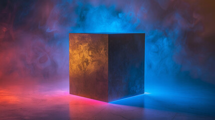 Abstract concept of a box containing dark matter, visualized through contrasting lights and shadows, hinting at unseen forces