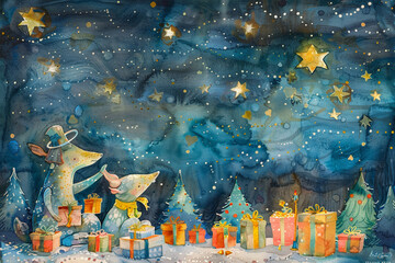 A whimsical watercolor scene of creatures unwrapping presents under a twinkling, starry night