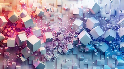 3D rendering of a colorful explosion. Pink, blue, and white cubes fly in all directions. Abstract...