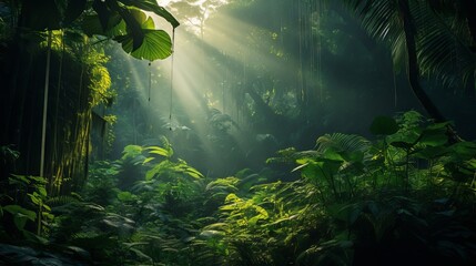 Tropical Rainforest Canopy in Southeast Asia, August Sunlight, Shot with Canon RF 50mm f/1.2L USM Lens - obrazy, fototapety, plakaty