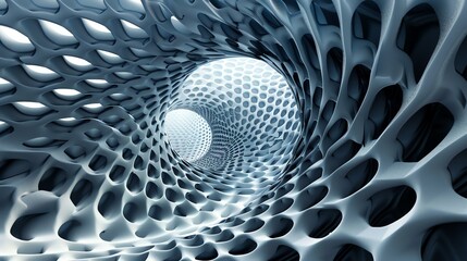 Abstract 3D rendering of a tunnel made of porous material. The tunnel is lit by a bright light at the end.