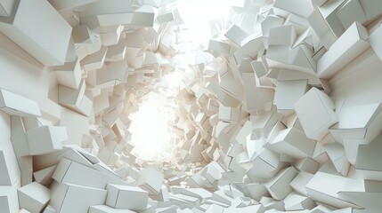 Abstract 3D rendering of a tunnel made of randomly arranged white cubes. The tunnel is illuminated...