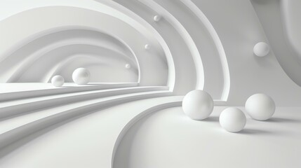 3D rendering. Abstract background with white balls. Futuristic interior. Minimalistic design.