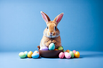 Fototapeta premium Cute rabbit and Easter eggs on a blue background, Happy easter celebration concept, AI artificial intelligence generative