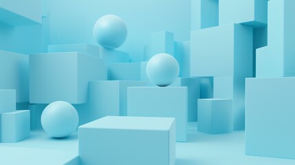 3D rendering of a blue geometric background with a podium for product display. Abstract minimal geometric shapes. Pastel colors.
