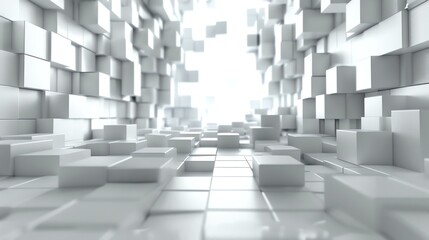 3D rendering of a futuristic tunnel made of white cubes. The tunnel is lit by a bright light at the end.