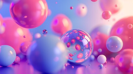 3D rendering of a colorful abstract background with a large translucent sphere in the foreground and many smaller spheres of various colors floating i