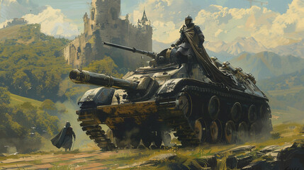 An artistic interpretation of a knight riding atop a tank in a fantasy setting - obrazy, fototapety, plakaty