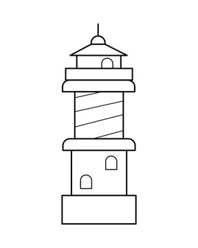 Lighthouse. Coloring page, black and white vector illustration.