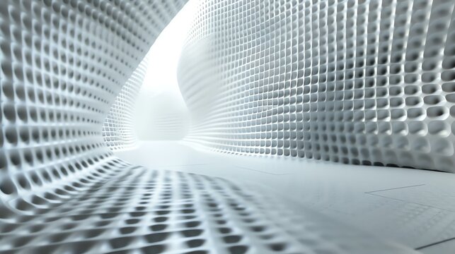 The image is a 3D rendering of a futuristic tunnel. The tunnel is made of a white material and has a ribbed texture.