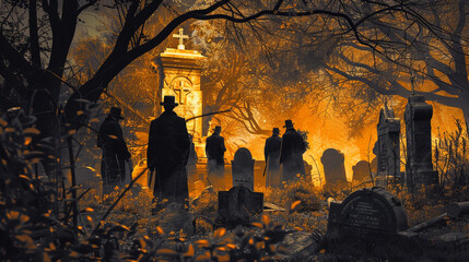 Artistic image of a spooky graveyard at midnight, with mafia members holding a secret meeting amongst the tombstones