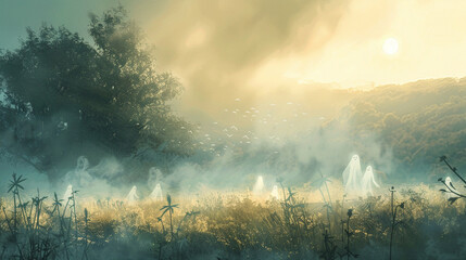 Artistic illustration of a tranquil meadow, where ghostly apparitions dance in the early morning fog - obrazy, fototapety, plakaty