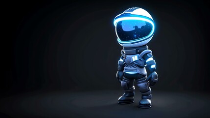 3D rendering of a cute cartoon astronaut with a glowing blue visor and white spacesuit, standing against a dark background. - obrazy, fototapety, plakaty