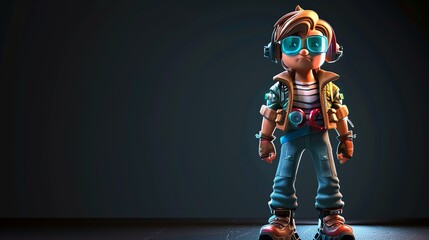 Cool 3D illustration of a young boy wearing a stylish outfit and headphones.