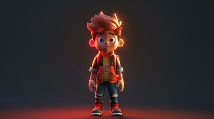 3D rendering of a young boy. He is wearing a red and blue jacket, a yellow shirt, and blue jeans.