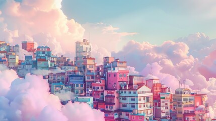 A beautiful digital painting of a cityscape with a pink and blue color scheme.