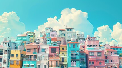 A beautiful digital painting of a cityscape. The sky is blue and cloudy, and the buildings are all different colors.